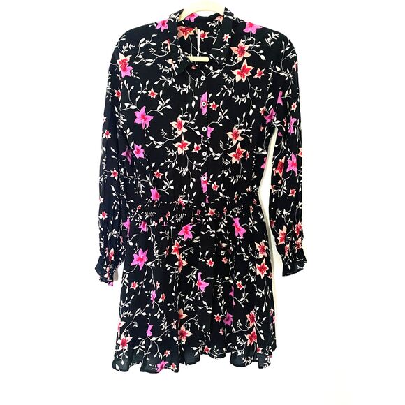 NWT Free People Black Combo Lighten Up Long Sleeve Belted Collared Mini Dress S - Picture 2 of 15